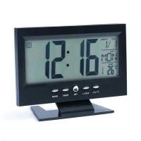 Reloj despertador digital LED, calendario de repetición, visualización de temperatura, reloj activado por sonido, funciona con 2 pilas AAA (no incluidas), color negro - details 0