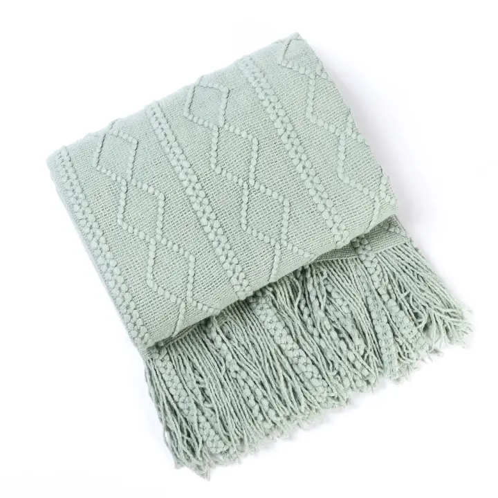 Manta decorativa de punto con textura sólida y suave para sofá, verde, 127 x 180 cm (incluidas las borlas) - 1