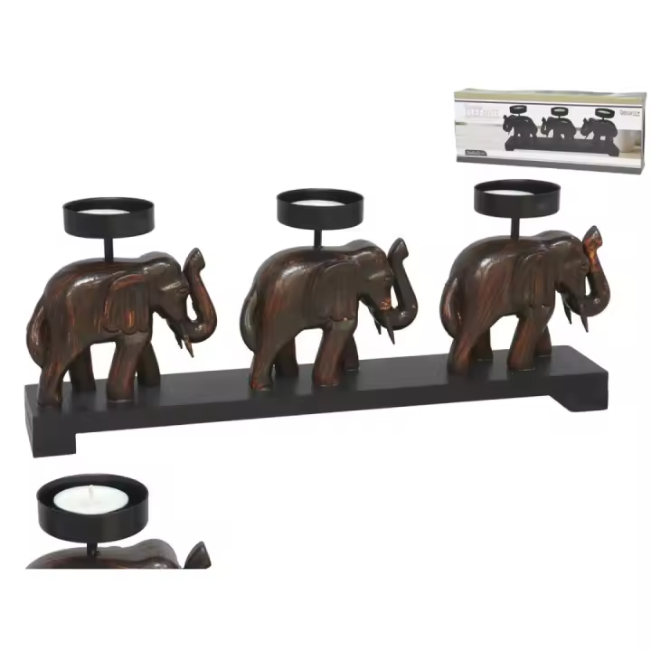 "GISSED - Portavelas Decorativo de Madera con Diseño de Elefantes Tallados y Soportes Metálicos para Velas – Estilo Rústico y Elegante para Hogar, Terrazas y Eventos – Aporta Calidez y Serenidad a Cualquier Espacio – Material Resistente y Duradero . - 1