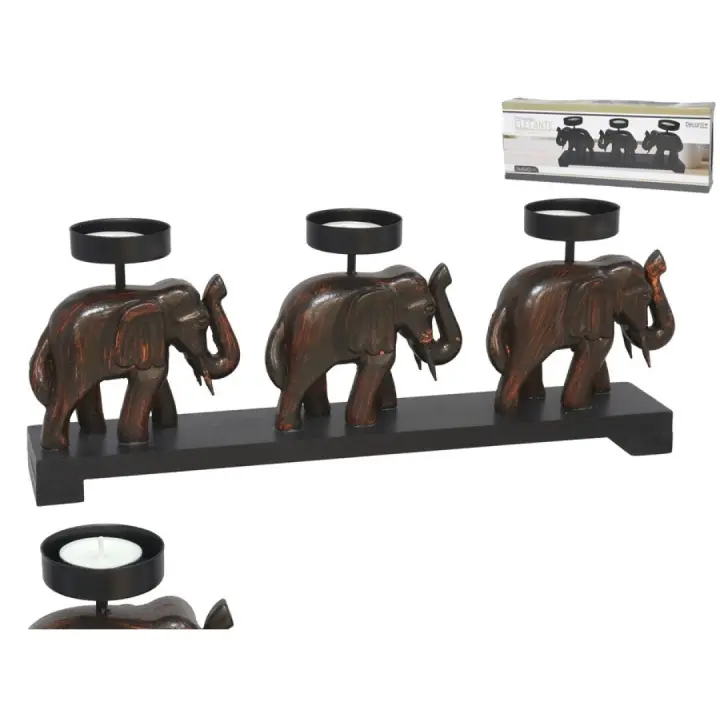 "GISSED - Portavelas Decorativo de Madera con Diseño de Elefantes Tallados y Soportes Metálicos para Velas – Estilo Rústico y Elegante para Hogar, Terrazas y Eventos – Aporta Calidez y Serenidad a Cualquier Espacio – Material Resistente y Duradero . - 1