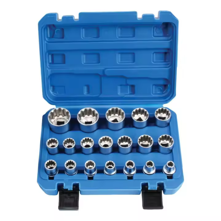 JUEGO 19 VASOS USO UNIVERSAL HEXAGONAL,12 CARAS,TORX HEMBRA,METRICAS Y PULGADAS - 1