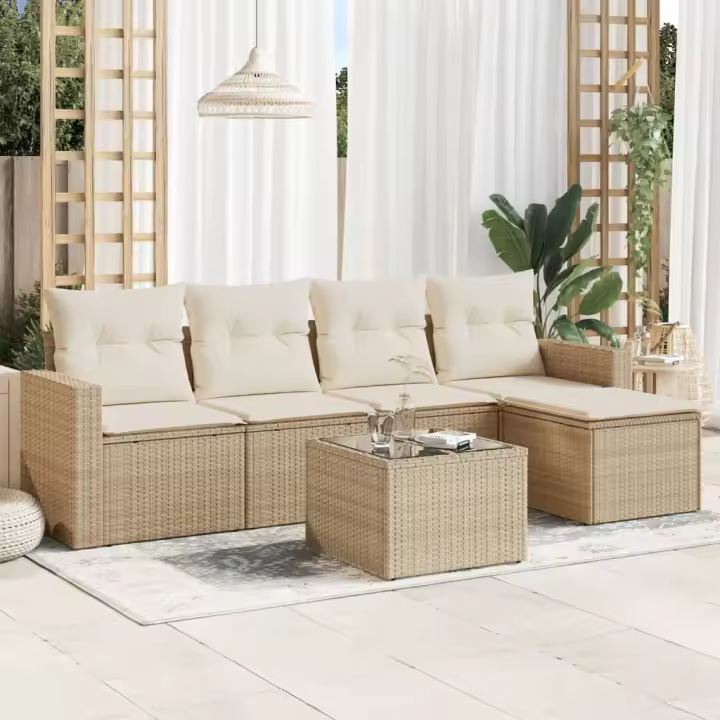 vidaXL Juego de sofás jardín con cojines 6 pzas ratán sintético beige - 1