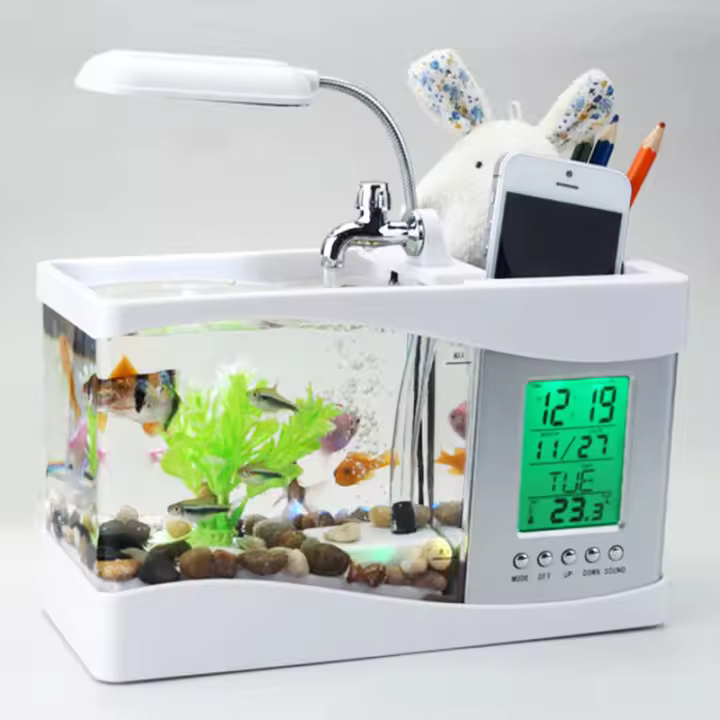 Pequeño Acuario De Escritorio Con Horario Y Luz LED Negro 24*10*14cm Timer LCD Para Tanque De Peces USB 5V Mini Tanque De Peces - 1