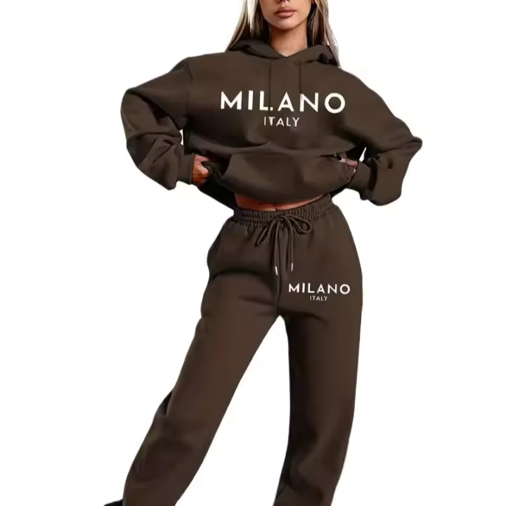 Conjunto De Sudadera Con Capucha Y Pantalones Para Mujer MILANO Estampado De Letras Moda Hip Hop Casual 2pcs Adecuado Para Exterior - 1