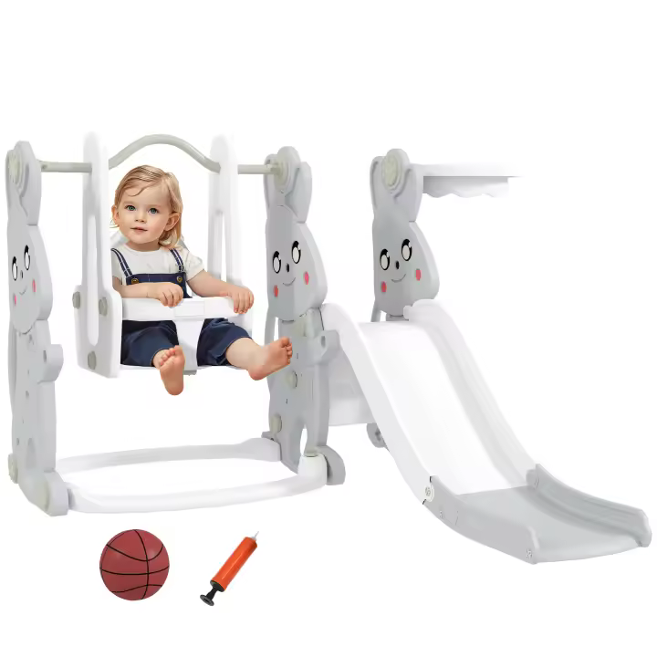 AIYAPLAY Tobogán Infantil 4 en 1 Columpio y Tobogán Trepador Aro de Baloncesto Temática de Conejo Parque Infantil para Interior y Exterior - 1