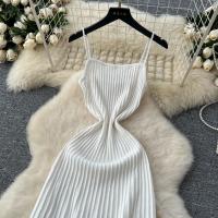 Vestido Largo Tejido De Encaje Con Cintura Alta Midi Sin Mangas Elegante Vestido Amarillo Para Mujer Vestido Fino De Color Negro Vestido De Calle - details 13
