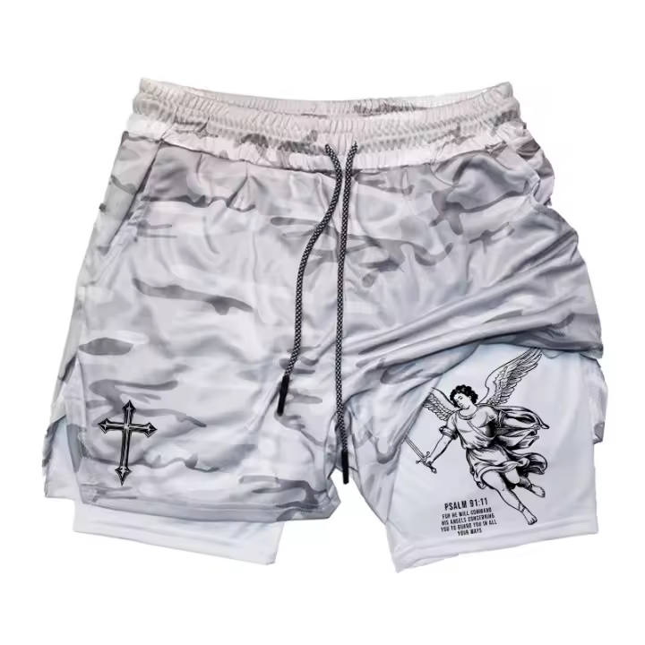 Shorts De Entrenamiento Para Hombre Con Estampado De Cruz Ángel 2 En 1 Secado Rápido Bolsillo Para Teléfono Y Anillo De Toalla Activewear Para Gimnasio Y Correr - 1