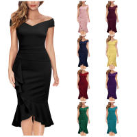 Vestido Elegante Para Mujer De Encaje Con Volante Y Cintura Ajustada Vestido De Fiesta Con Hombros Descubiertos Y Abertura En La Pierna Vestido Clásico De Cintura Alta Y Acolchado - details 0