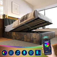 Cama tapizada Cama de metal Cama de matrimonio controlada por App LED con Carga Función de carga USB Cabecero e iluminación LED, Cama de metal 140x200 cm Somier de láminas de Madera, gris (con colchón) - details 1