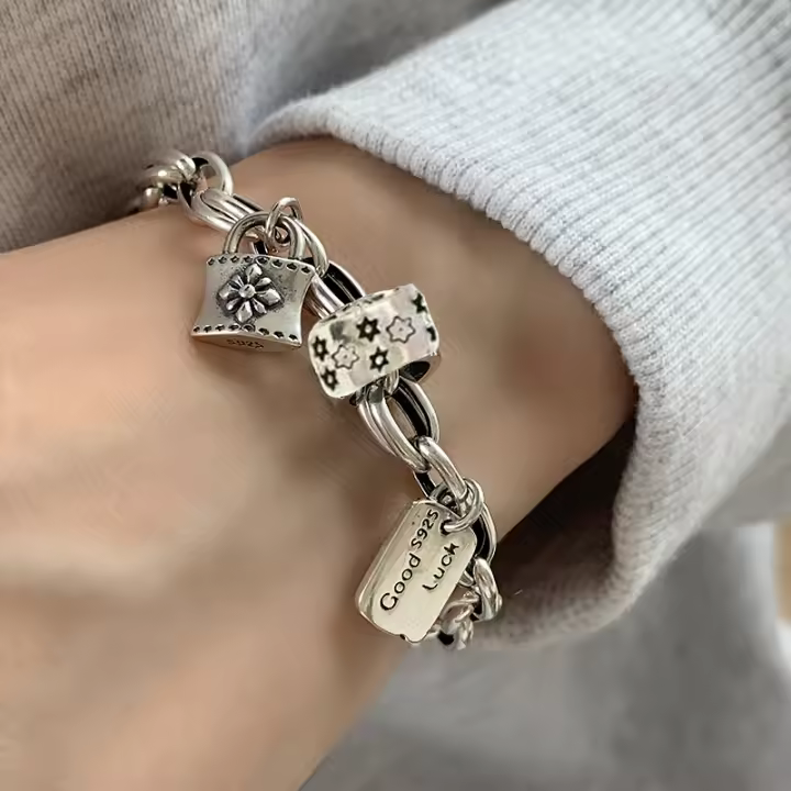 Pulsera De Cadena Gruesa With Tag De Letres Y Estrella Vintage Para Mujer - 1