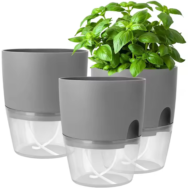 Metas de plástico para plantas de Interior, paquete de 3, Metas de 15,3 cm with autorriego, Metas Decorativas Modernos de plástico para todas las plantas de Interior, Flores y hierbas (GRIS) - 1