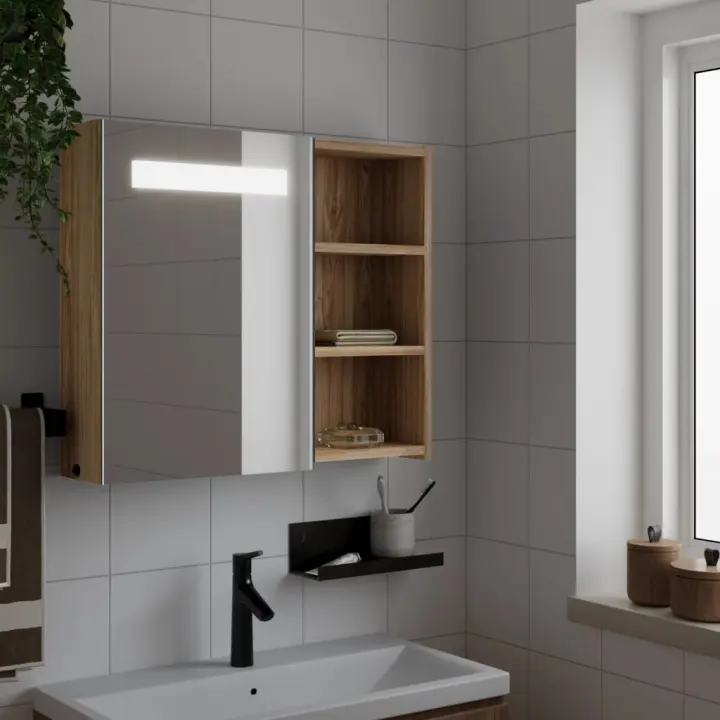 vidaXL Mueble de baño con espejo y luz LED 60x13x52 cm en color Roble/Gris/Blanco y más | almacenamiento funcional diseño moderno para baño dormitorio sala - 1