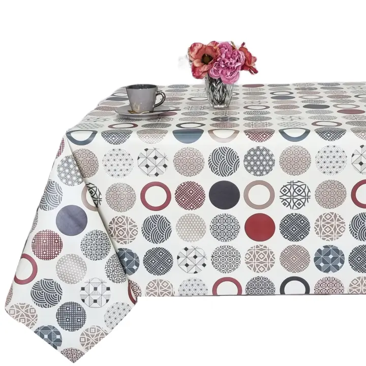 Mantel PVC, Mantel de hule, Para mesa rectangular, Tapete de cocina, Impermeable, Círculos, Geometrías, Rojo, Gris - 1