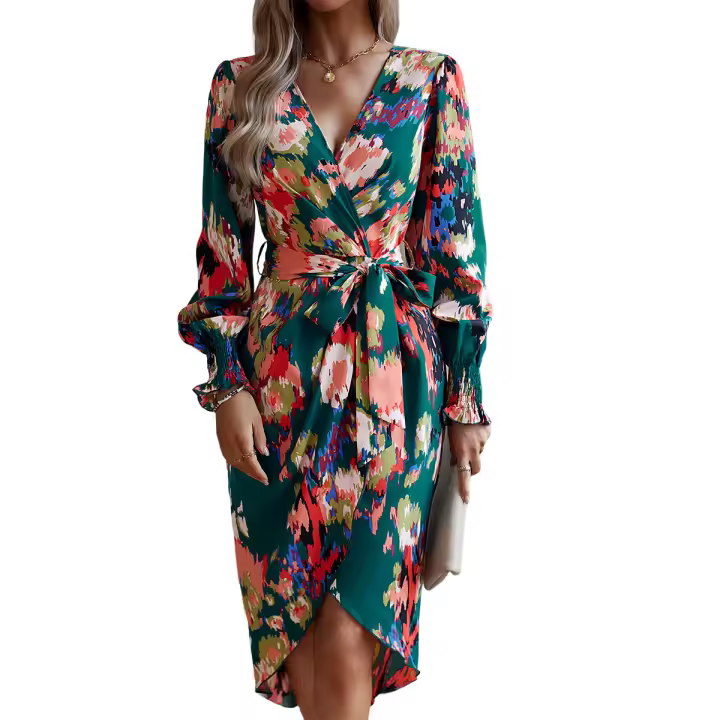 Printed dress, elegant V-neck long dress - 1