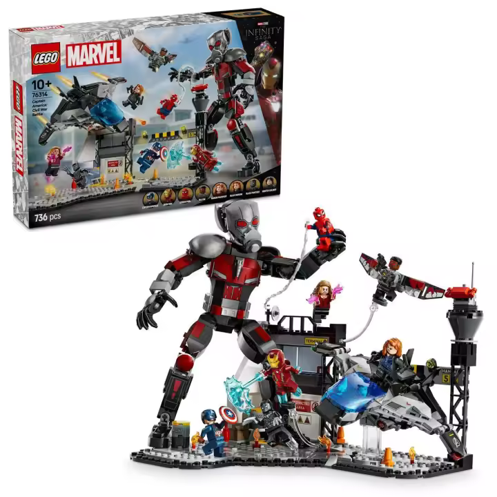 LEGO 76314 Marvel Gran Batalla de Capitán América: Civil War, Juguete de Superhéroes con Quinjet y 8 Minifiguras inc. Capitán América, Wanda Maximoff, Iron Man, Spider-Man y Black Panther - 1