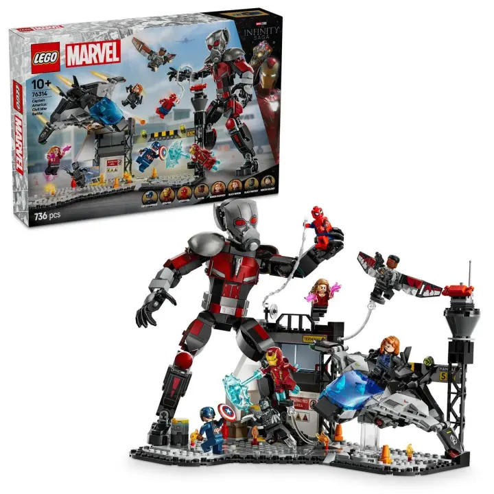 LEGO 76314 Marvel Gran Batalla de Capitán América: Civil War, Juguete de Superhéroes con Quinjet y 8 Minifiguras inc. Capitán América, Wanda Maximoff, Iron Man, Spider-Man y Black Panther - 1