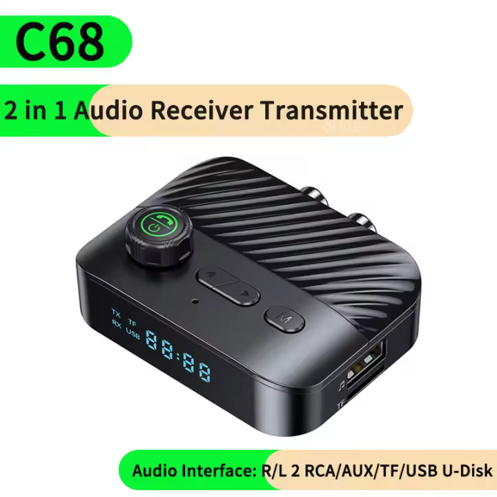 Transmisor y receptor de Audio 2 en 1 con Bluetooth, 3,5 MM, AUX, RCA, TF/USB, u-disk, adaptador inalámbrico de música estéreo Hifi con micrófono y pantalla LED - 1