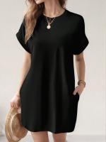 Vestido Corto Casual De Color Sólido Con Mangas En Forma De Murciélago Y Bolsillo Invisible Para Mujer Vestido De Verano De Polyester - details 1