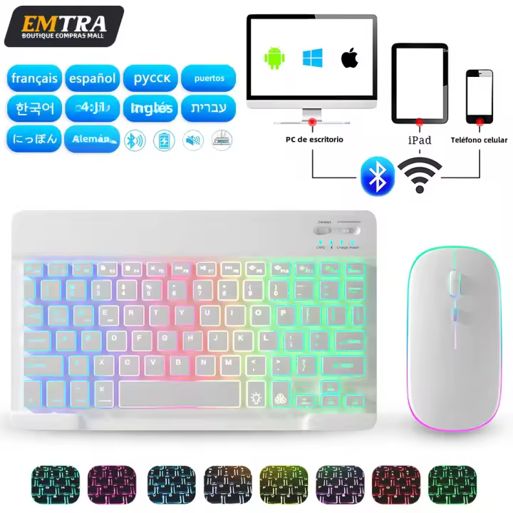 Teclado Inalámbrico Bluetooth Para Tablet Android iOS Windows Con Iluminación RGB Teclado Y Ratón Compatible Con iPad Y Teléfono Móvil - 1
