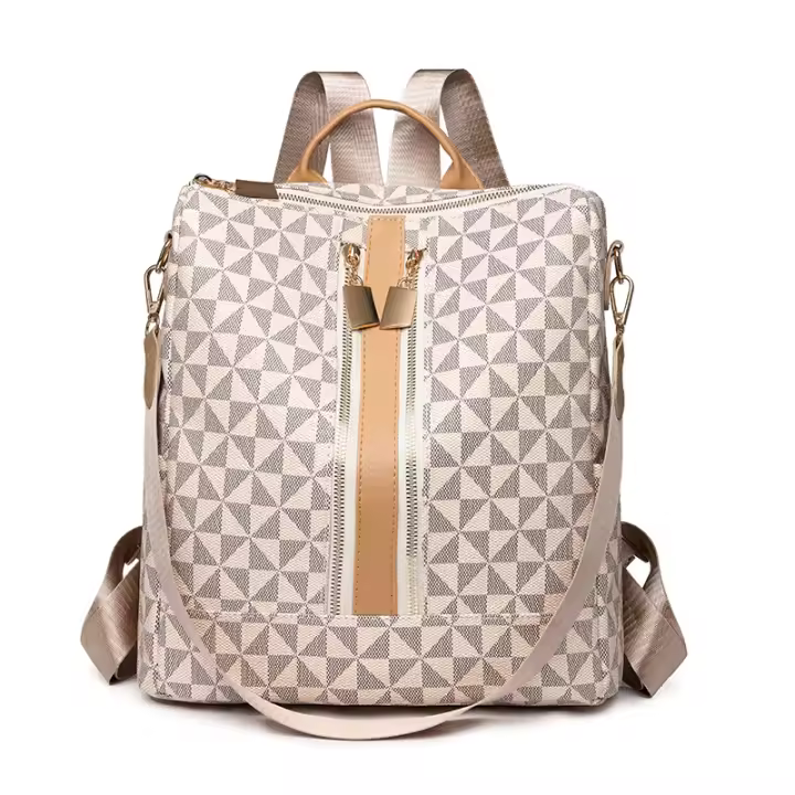 Mochila De Piel De PU Vintage Para Mujer Con Patrón De Diamantes Gran Capacidad Antirrobo Multiusos Para Salidas - 1