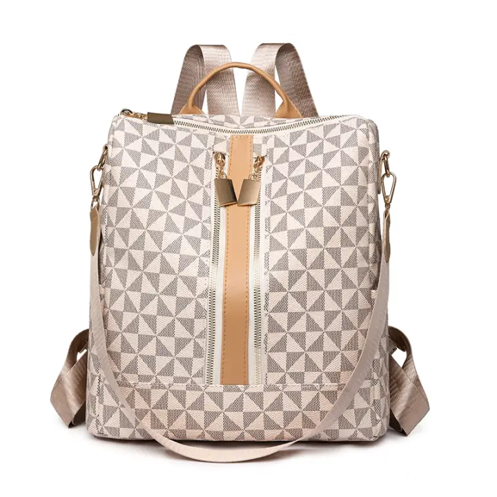 Mochila De Piel De PU Vintage Para Mujer Con Patrón De Diamantes Gran Capacidad Antirrobo Multiusos Para Salidas - 1
