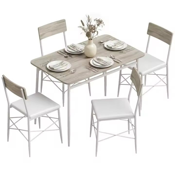 HOMCOM Juego de Mesa y Sillas de Comedor 5 Piezas, Mesa de Cocina Rectangular con 4 Sillas Acolchadas, Estilo Moderno, Marco Metálico, para Espacios Pequeños, Salón, 106x66x75 cm, Roble y Blanco - 1