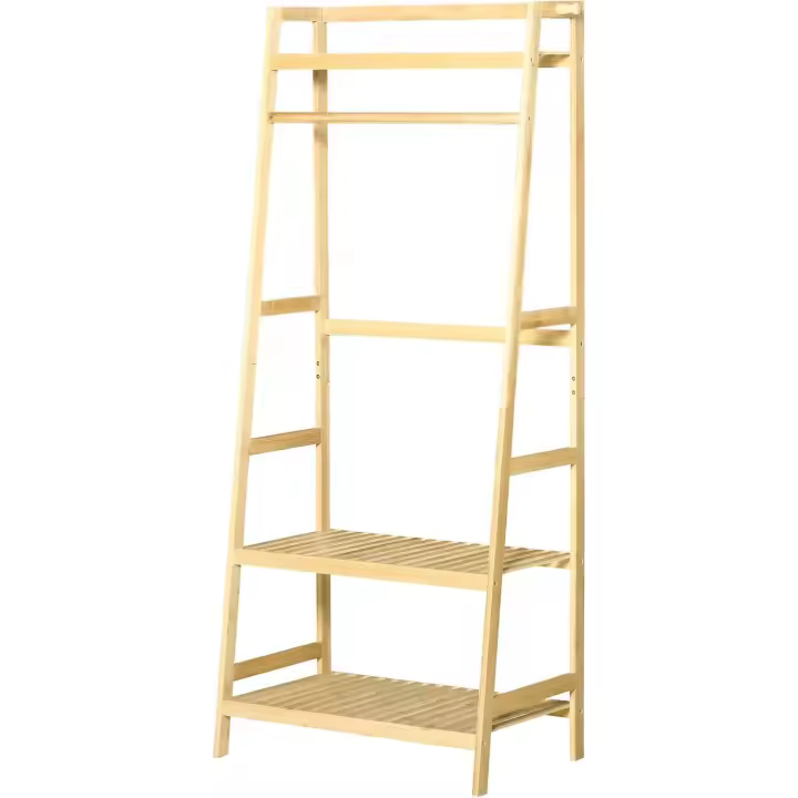 Perchero de Pie de Bambú Perchero Trapezoidal con Estantería de 3 Niveles con Barra y Colgador Lateral para Ropa Bolsas para Pared Dormitorio 70x42x164 cm Natural - 1
