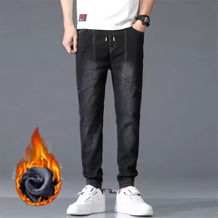 Nuevos Jeans Térmicos Para Hombre Negro Y Azul Con Forro De Poliéster Estilo Callejero Ajustados Y Gruesos Trousers Harem plus Size - 1