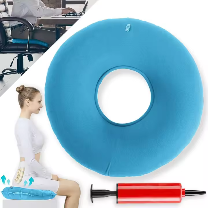Cojín de asiento para hemorroides, cojín de asiento inflable, ortopédico, cojín de asiento en forma de donut, ortopédico, cojín inflable, anillo de asiento suave con bomba, anillo de asiento, hemorroides, inflable (azul claro/1 pieza) - 1