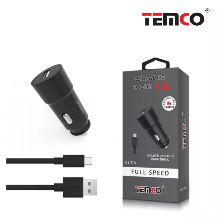 Pack Cargador Coche 1A + Tipo C 5P 1A 1m Negro - 1