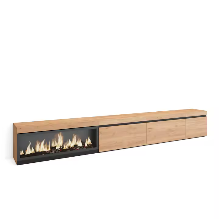 Skraut Home, Mueble TV, Televisión, Muebles de salón, almacenaje, 317x35x45cm, Chimenea eléctrica XXL efecto fuego 3d, color Roble - 1