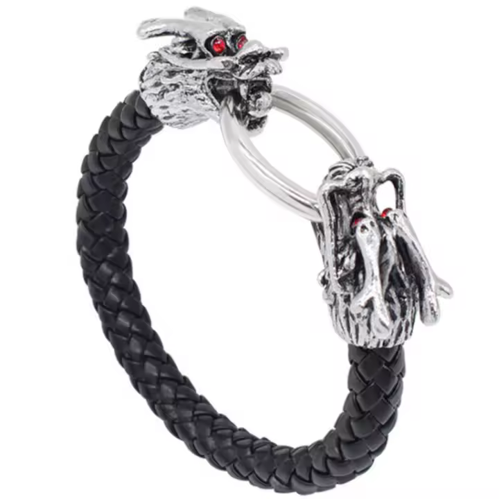 Pulsera Dragón de Cuero Trenzado y Acero Inoxidable Cierre Anillo de Seguridad Cabezas de Dragones - 1