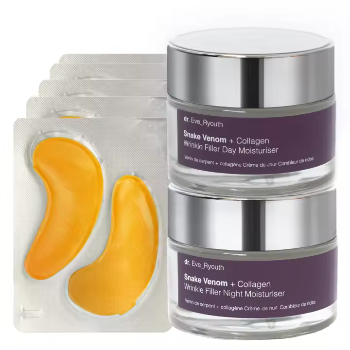 Almohadillas hidratantes antioxidantes para ojos con oro de 24 quilates + Hidratante de día con veneno de serpiente y colágeno para rellenar arrugas (50 ml) + Hidratante de noche con veneno de serpiente y colágeno para rellenar arrugas (50 ml) - 1