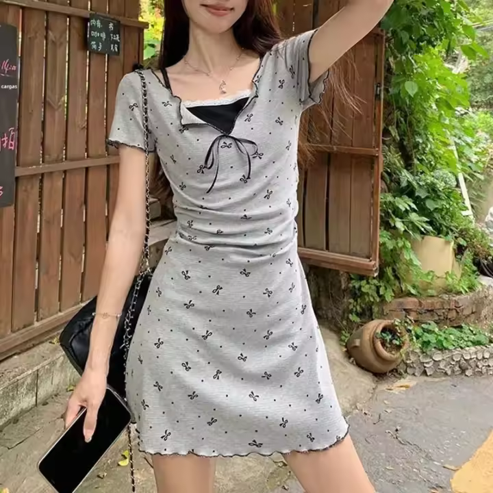 Vestido Mini Estampado Con Lazo Dos Piezas Para Mujer Verano Patchwork En Raso Manga Corta Estilo Y2K Streetwear Coreano Slim Fit - 1