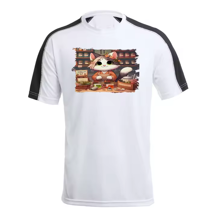 MERCHANDMANIA CAMISETA TÉCNICA FRANJA MANGAS NEGRA gato herbolista animal profesion herbolisteria tshirt - 1