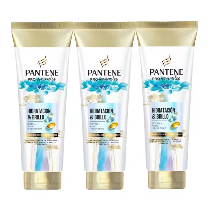 Pantene Pro-V Miracles Hidratación y Brillo Acondicionador con Biotina,  Para Pelo Seco y Dañado, con Ácido Hiaulorónico que Aporta Hidratación. Hidratante para Pelo Suave y Brillante. 3 Unidades de 160ML - 1