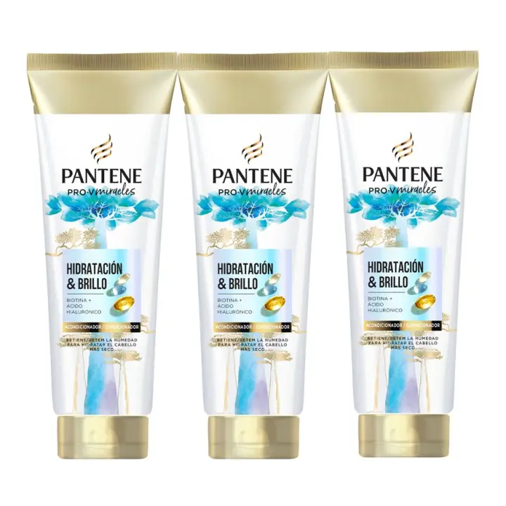 Pantene Pro-V Miracles Hidratación y Brillo Acondicionador con Biotina,  Para Pelo Seco y Dañado, con Ácido Hiaulorónico que Aporta Hidratación. Hidratante para Pelo Suave y Brillante. 3 Unidades de 160ML - 1
