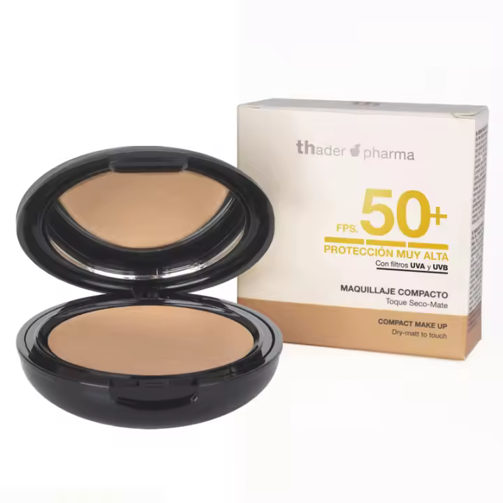 Thader Pharma Maquillaje compacto con protección solar 50+ de acabado mate y sedoso con Ácido Hialurónico y Vitamina E - 1