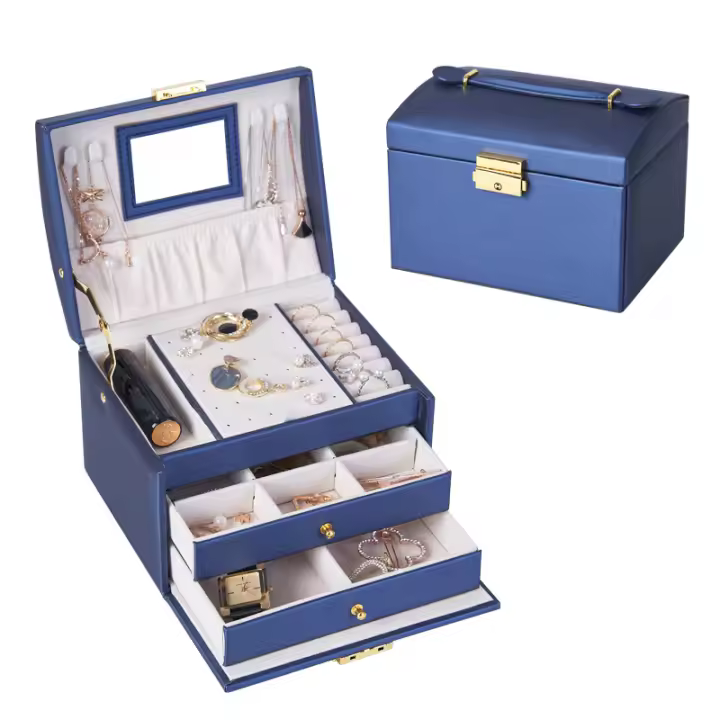 Joyero de tres capas de gran capacidad, organizador de joyas con cerradura con espejo, desmontable para joyero para anillos, pulseras, aretes, collar, regalo. - 1