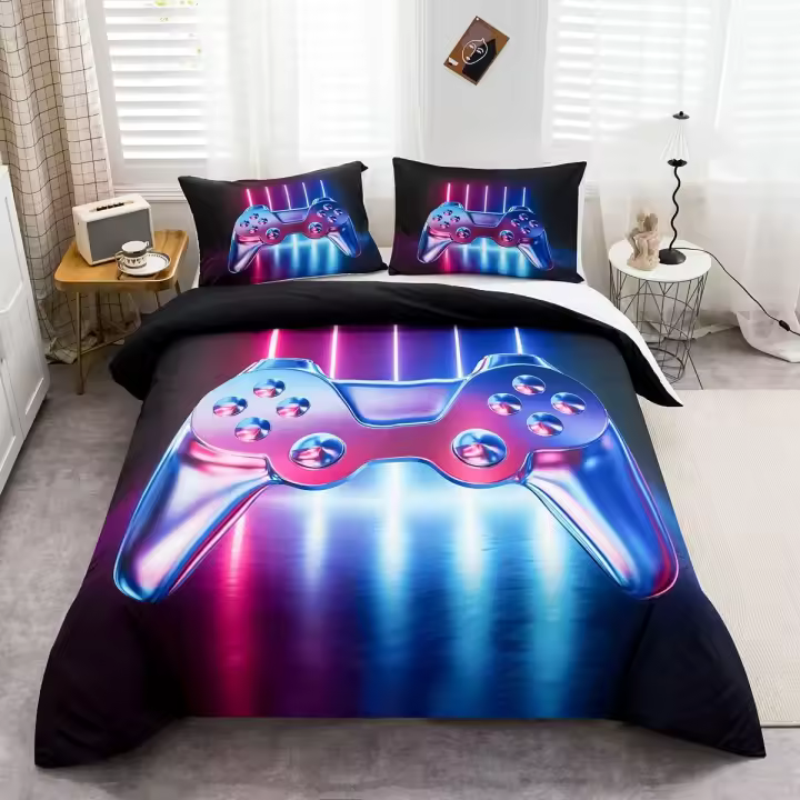 Gamepad Bedding Set for Boys Youth Teens Double Size Modern Gamer Comforter Cover,Video Game Duvet Cover Kids Girls, Novelty Gradient Action Buttons Decor Printed Bedspread Cover - 1
