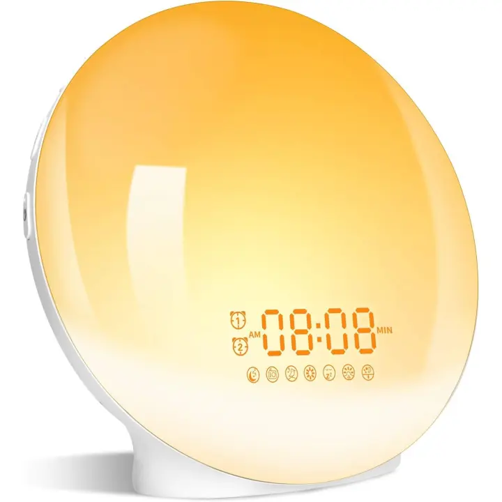 Luz de Alarma, Luz de despertador LED simula El Amanecer y el Atardecer, 2 alarmas, 20 niveles de Brillo, 7 Luces de Colores - 1