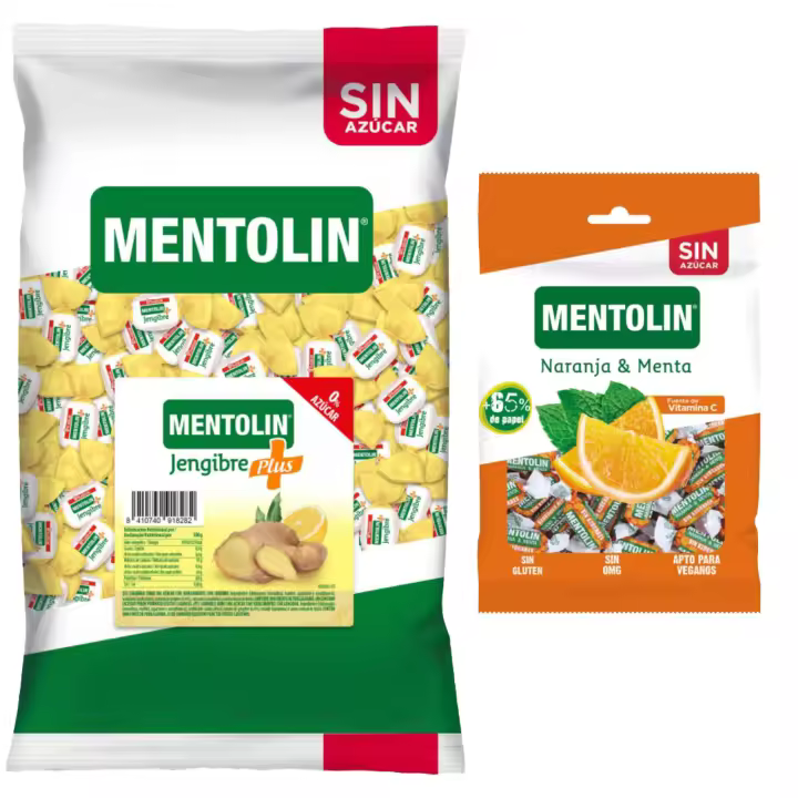 Mentolín caramelos garganta plus jengibre s/a bolsa 1kg y de regalo  naranja s/a 100g - 1