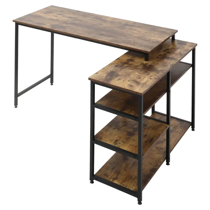 HOMCOM Escritorio esquinero, escritorio angular, mesa para PC, mesa para ordenador, mesa de oficina, estante, cajón, forma de L, aglomerado, metal, marrón rústico, 135 x 90 x 79 cm - 1