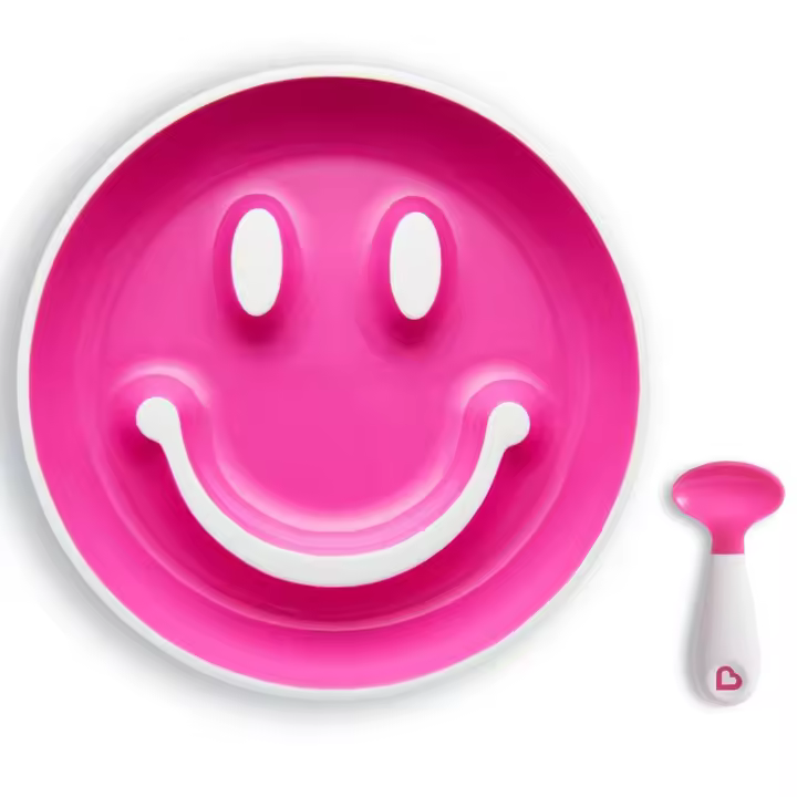 Pack plato con ventosa y cuchara de aprendizaje Smile Rosa de Munchkin - 1