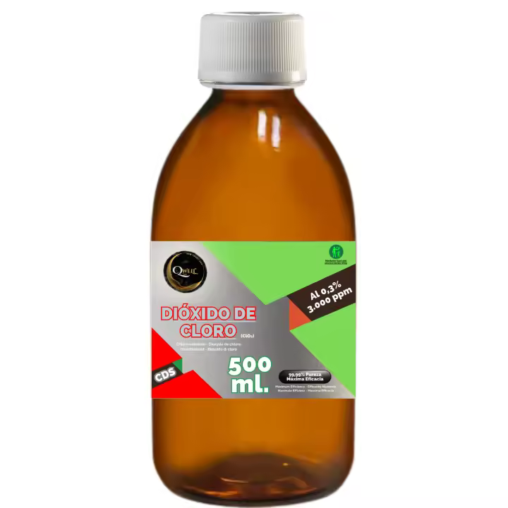 QWell® Solución Dióxido de Cloro 500 ml.  CDS/CDL  3.000 ppm al 0,3%  Registro Sanitario Alemán  Envase de Vidrio de Laboratorio Reutilizable  Con Precinto, Gotero y Vaso dosificador de Regalo - 1