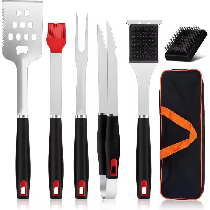 Accesorios para barbacoa, juego de 7 herramientas de acero inoxidable para barbacoa, con bolsa de almacenamiento para cocinar, acampar y asar. Resistentes, aptos para lavavajillas y resistentes al calor. - 1