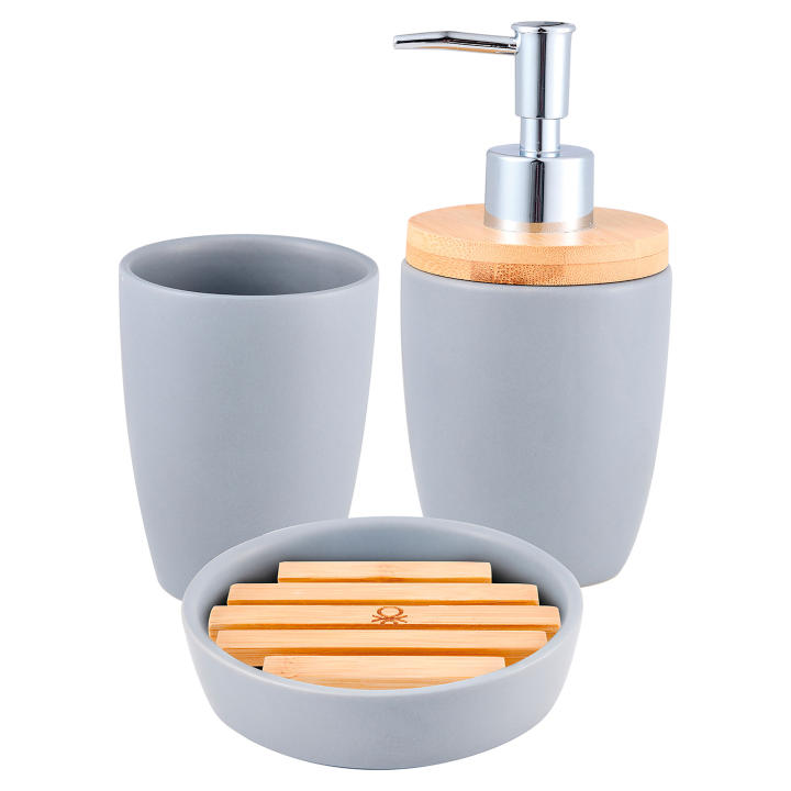 Set 3pc accesorios de baño (vaso + dispensador de jabón + plato para jabón) cerámica gris tevere CASA BENETTON
