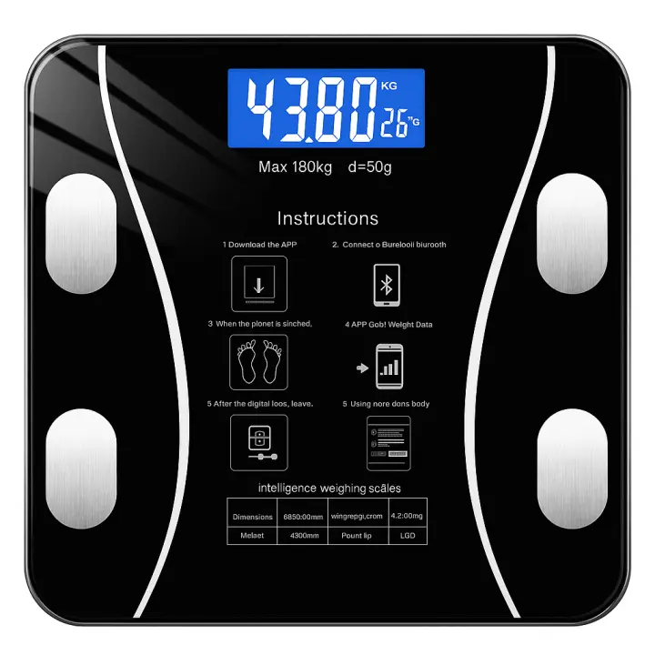 Ruhhy, Báscula de Baño Digital Inteligente con Pantalla LCD y Bluetooth – Medición Corporal Precisa, Análisis de Masa Muscular, Grasa y Agua – Capacidad 180 kg – APP Incluida – Vidrio Templado 26x26 cm – Mocka Store - 1