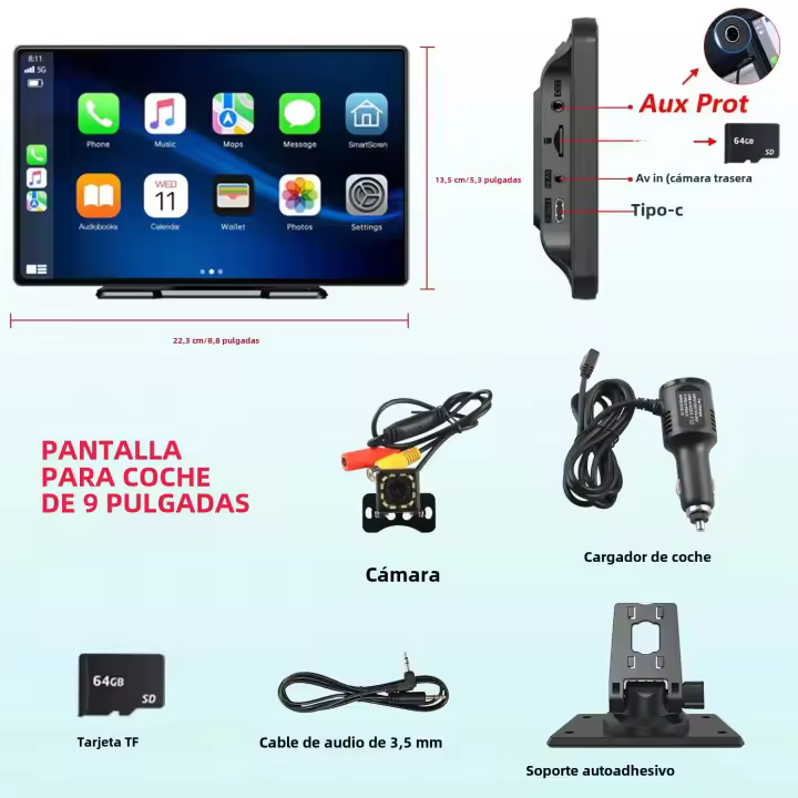 Estéreo De Coche Portátil Con Pantalla Táctil IPS De 9'' Wi-Fi Carplay Android Auto FM AM RDS Pantalla HD Para Medios De Películas - 1