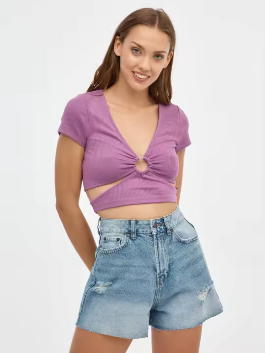 Shorts mom denim efecto desgastado de tiro alto con bolsillos y cierre de cremallera con botón INSIDE - 1